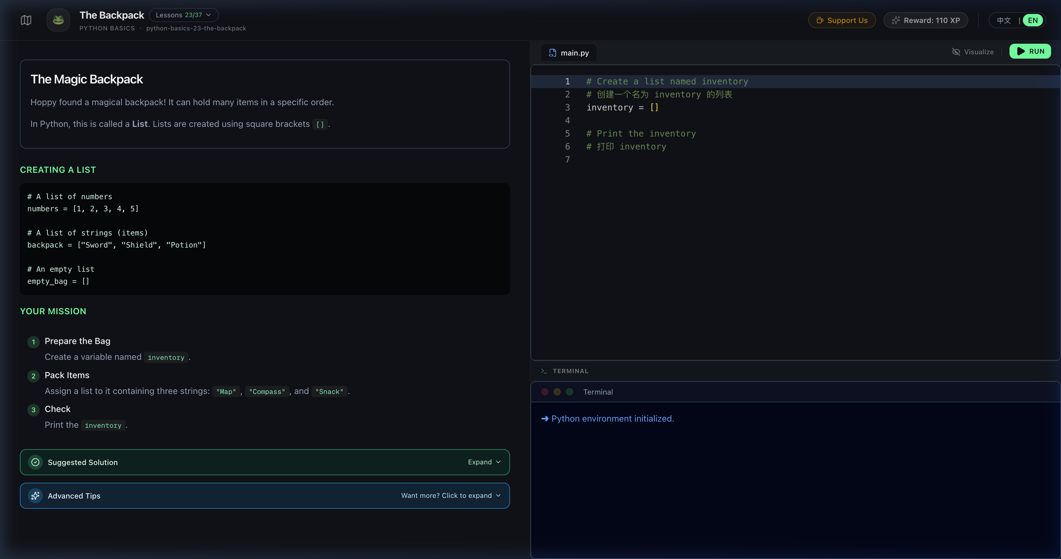 A story-driven lesson page in HoppyPy